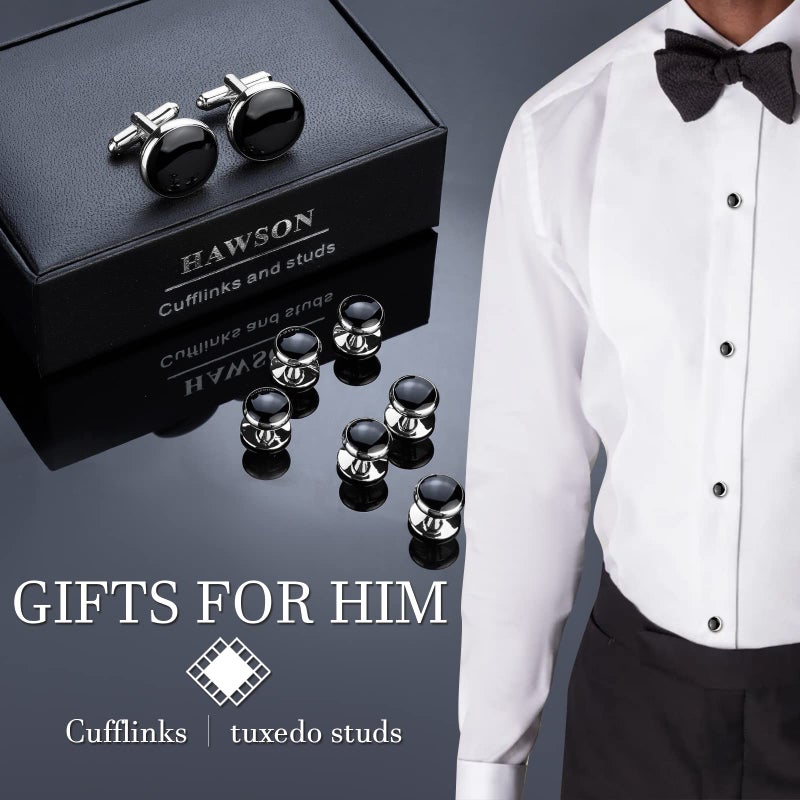HAWSON Menâ€™s Cufflinks and Tuxedo Studs Set with Gift Box; Menâ€™s Jewelry or Accessories Suitable for Black Suit White shirts vest and Red Bow tie on Wedding or Anniversary and Birthday - Image 3